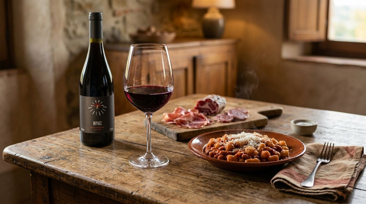 Calice di vino rosso su una tavola autunnale con pisarei e fasò e salumi piacentini