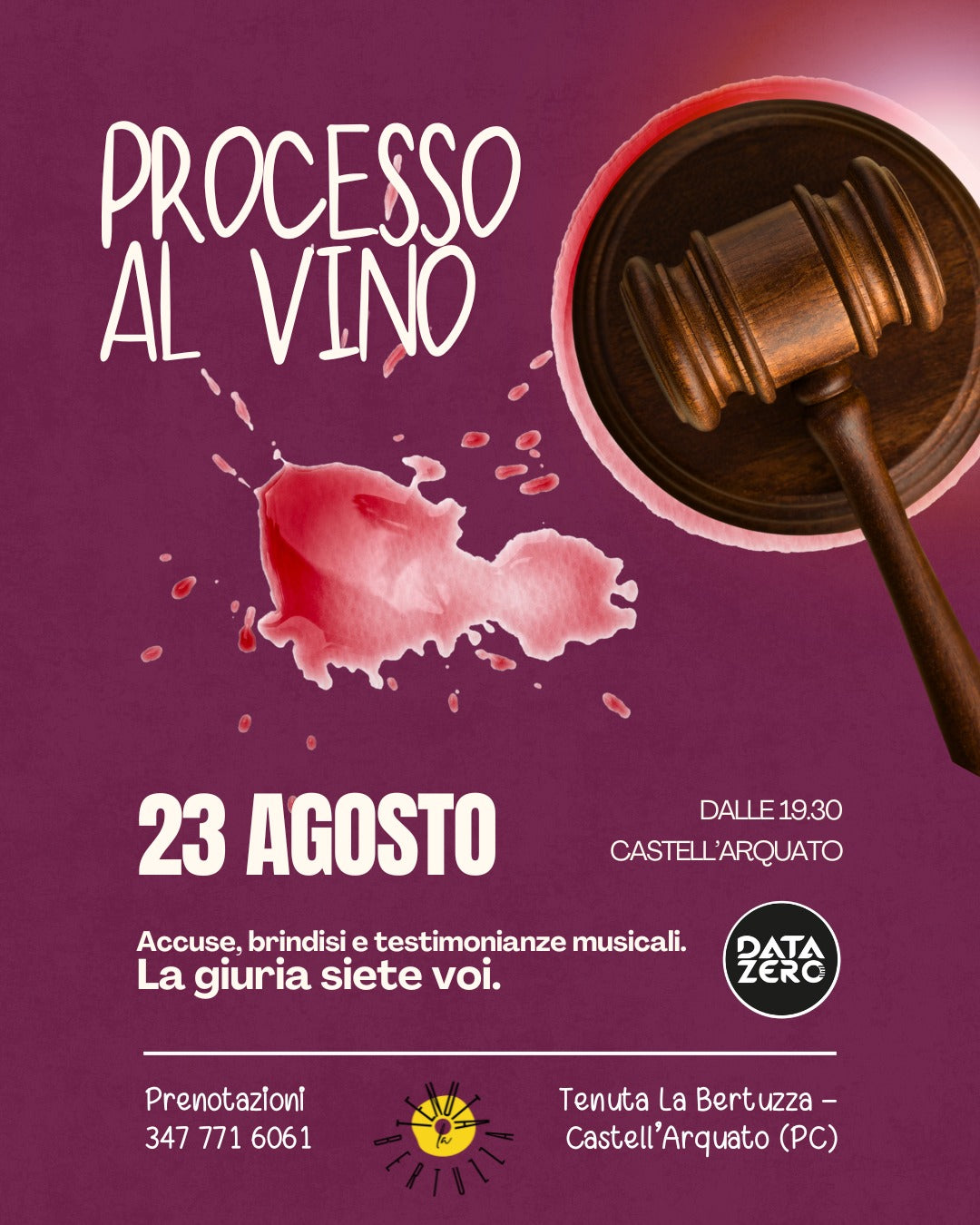 Locandina evento Processo al Vino 23 agosto Tenuta La Bertuzza Castell'Arquato